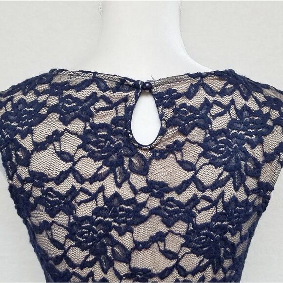 VINTAGE Candalate Navy Blue Lace Contrast Nude Sleeveless Fit & Flare Dress S - Picture 8 of 9